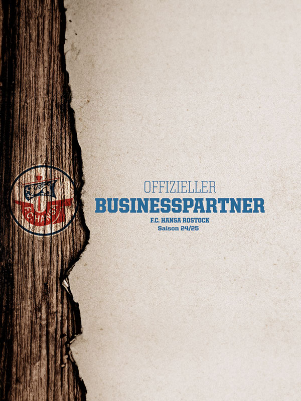 Offizieller Businesspartner F.C. Hansa Rostock Coffee Perfect ist offizieller Businesspartner des F.C. Hansa Rostock, grafische Darstellung auf Holz- und Papierhintergrund mit Vereinslogo.