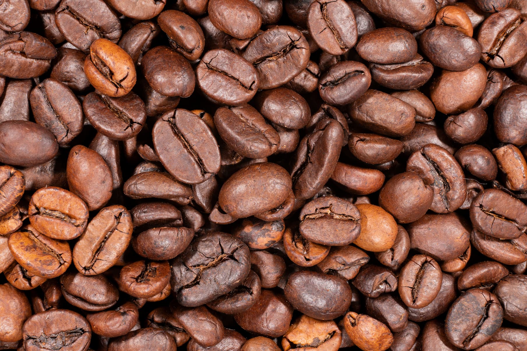 Geröstete Kaffeebohnen Nahaufnahme Nahaufnahme von gerösteten Kaffeebohnen in unterschiedlichen Röststufen.